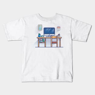 Monitor, Calendar, Picture, Cup, Desk, chair, Cactus, Vas And Books Cartoon Kids T-Shirt